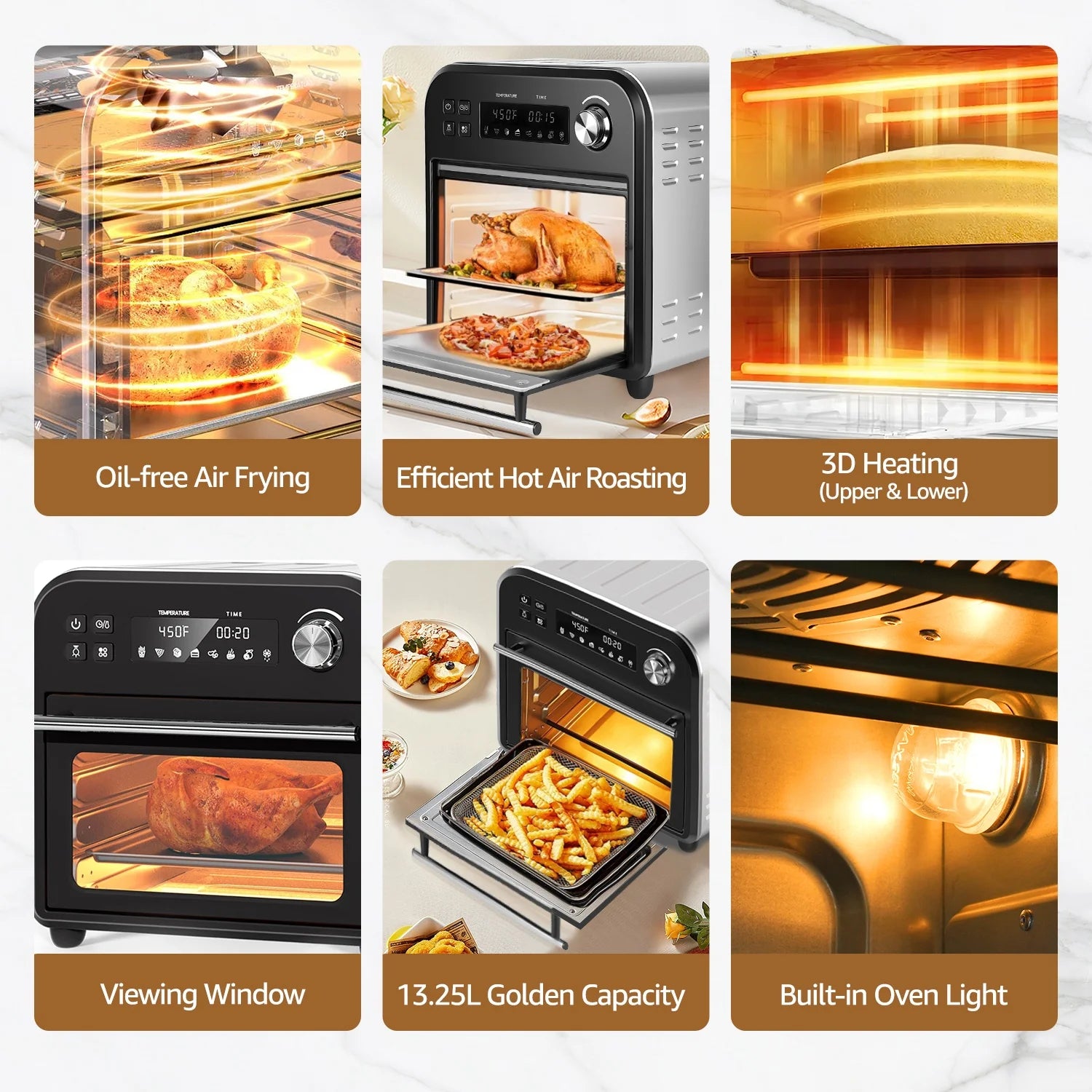 Multifunctional Digital Air Fryer Oven, 14QT 8-in-1 Countertop Convection Oven, 360° Evenly Oil-Free, with Recipe Book, Non-Stick Stainless Steel