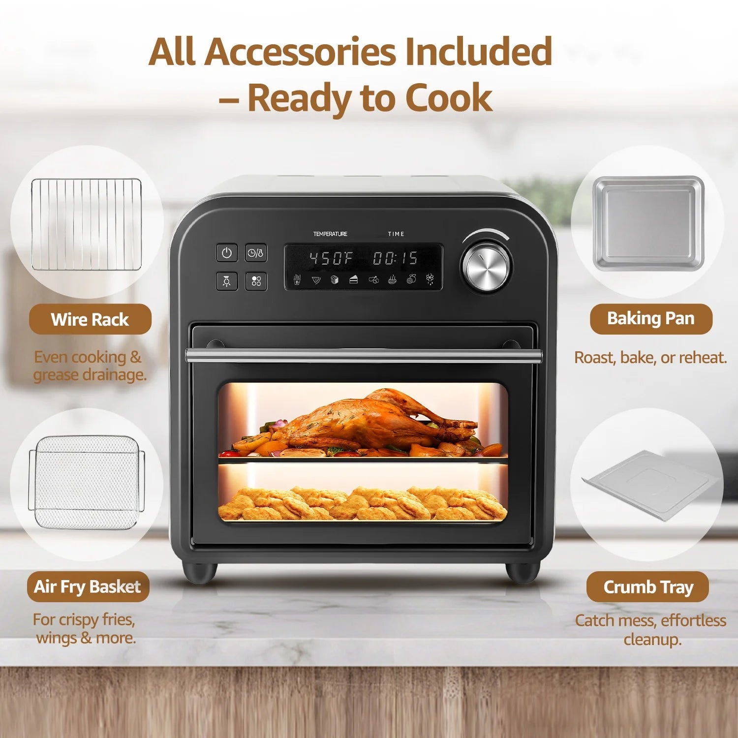 Multifunctional Digital Air Fryer Oven, 14QT 8-in-1 Countertop Convection Oven, 360° Evenly Oil-Free, with Recipe Book, Non-Stick Stainless Steel