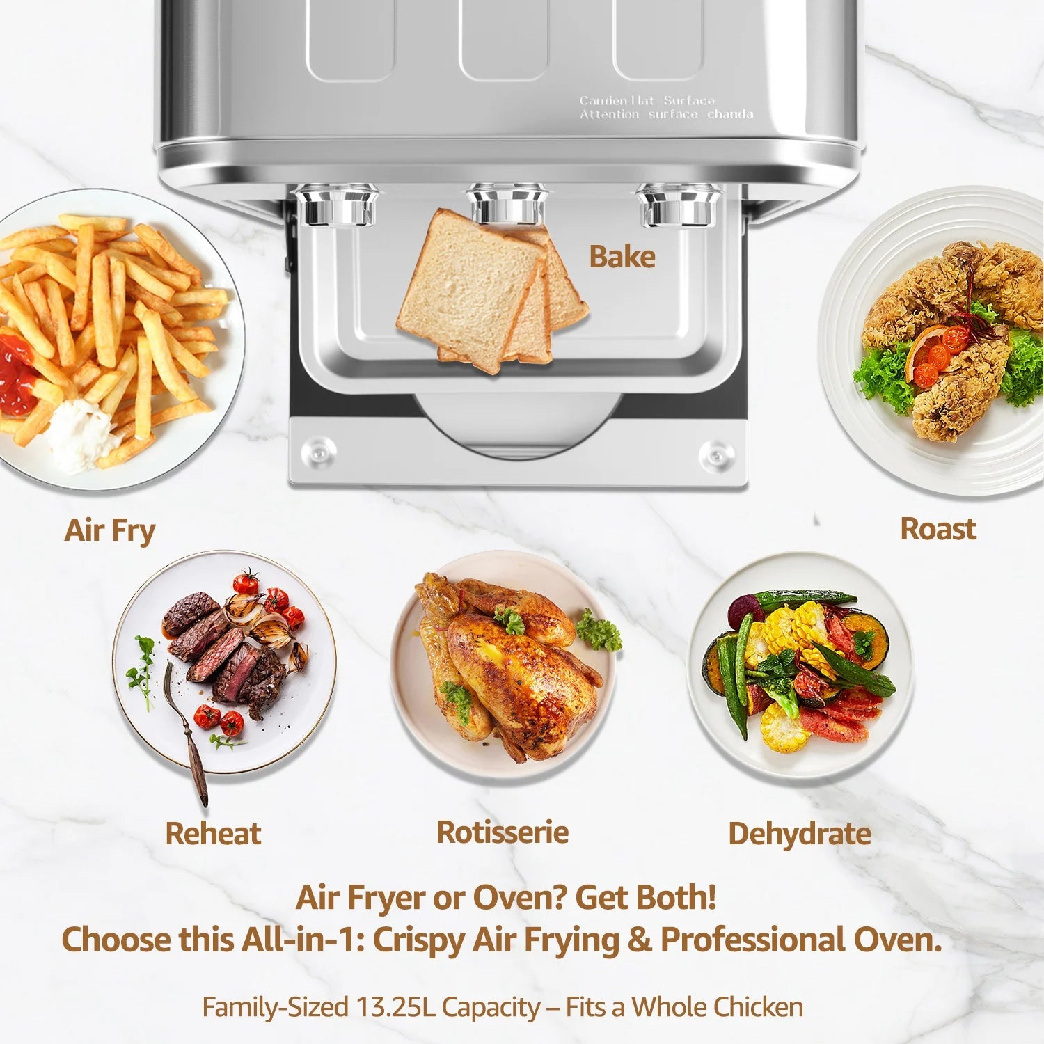 14QT 4-in-1 Air Fryer Toaster Oven Combo | Full Stainless Steel Countertop Oven with Convection Bake, Broil, Healthy Low-Oil Grill & Fast Warm