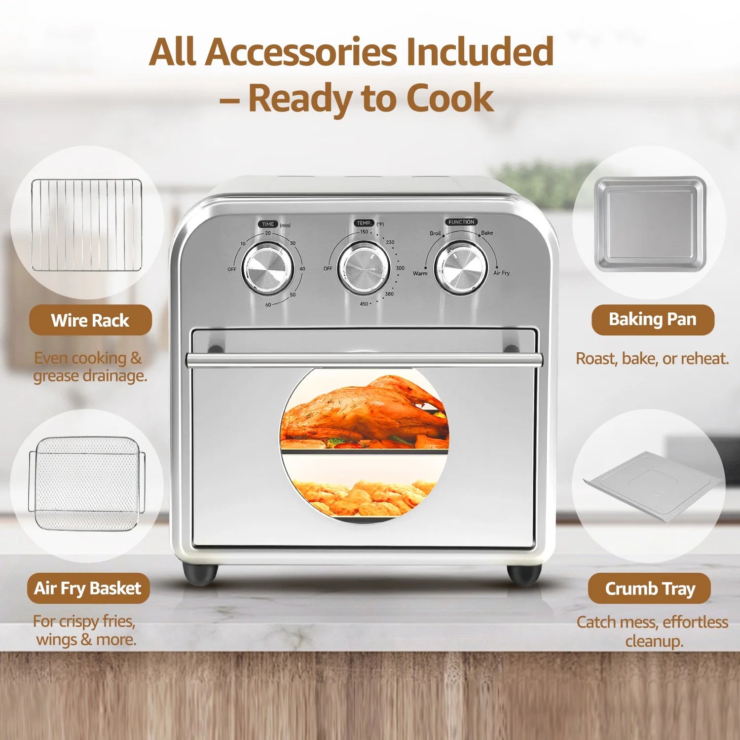14QT 4-in-1 Air Fryer Toaster Oven Combo | Full Stainless Steel Countertop Oven with Convection Bake, Broil, Healthy Low-Oil Grill & Fast Warm