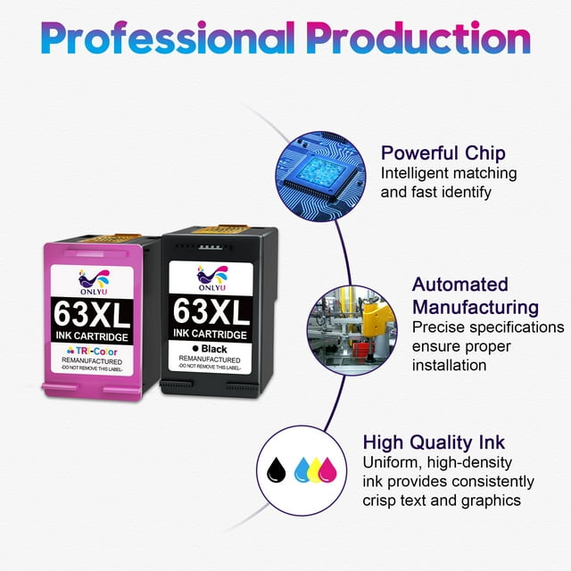 ONLYU High Yield 63XL Ink Cartridge Black and Color Combo Pack Replacement for HP Printer