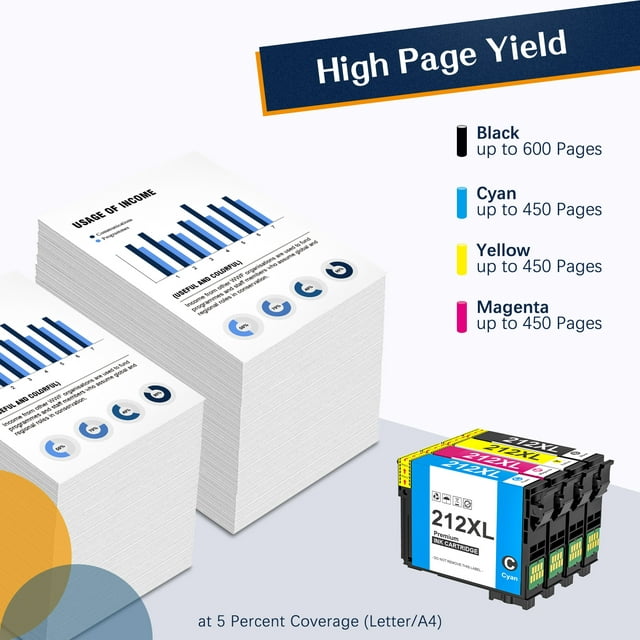 T212XL 212XL Ink Cartridges for Epson Printer 5-Pack (2 Black Cyan Magenta Yellow)