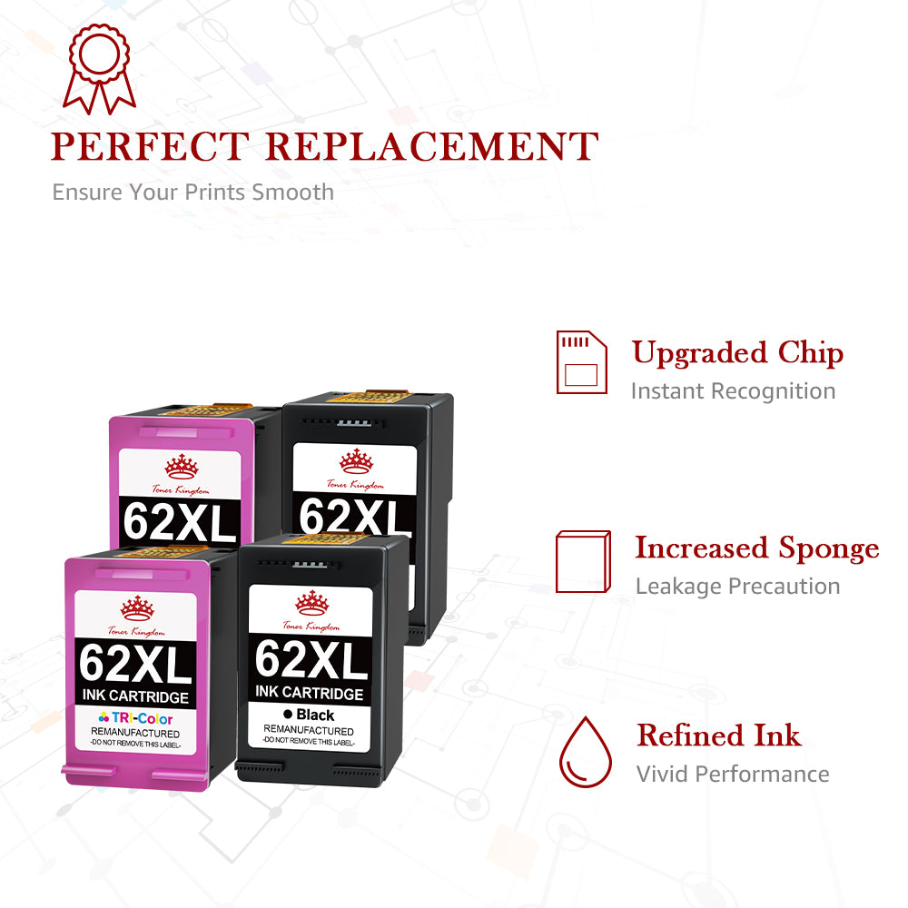 Compatible HP 62 62XL ink Cartridge ( 2 Black 2 Color) -4 Pack