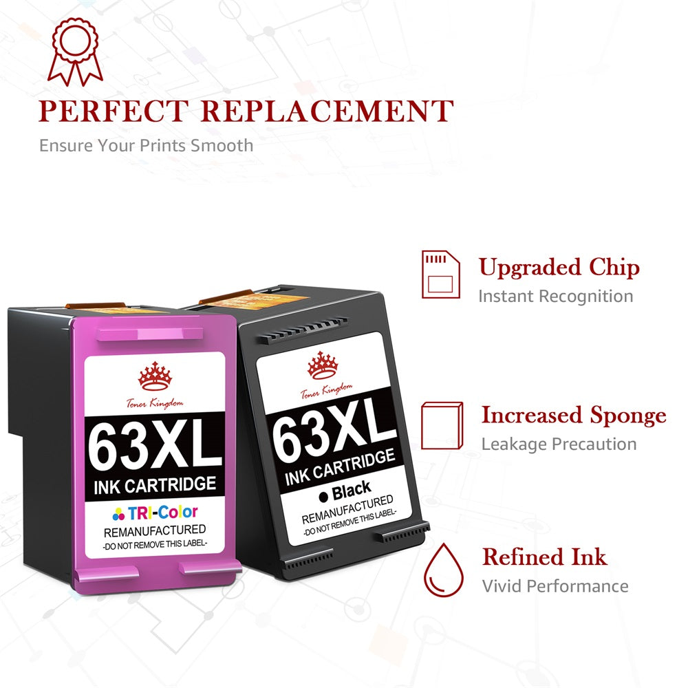 HP 63XL Remanufactured Replacement Ink Cartridges 2 pack (1 Black and 1 Tri-Color)