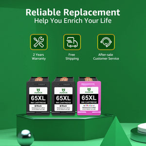 High Yield 65 Ink Cartridges 65XL Combo Replacement for HP Ink(2 Black 1 Color)