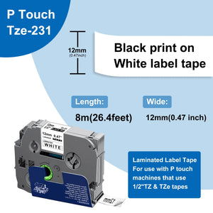 7-Pack 231 Label Maker Tape for Brother P Touch TZe231 Tape Label Tape 12mm 0.47 Inch Laminated White Label Maker Tape TZe-231 for P Touch PT-D210 PTH110 PT-D220 PTD600, 26.2 Feet