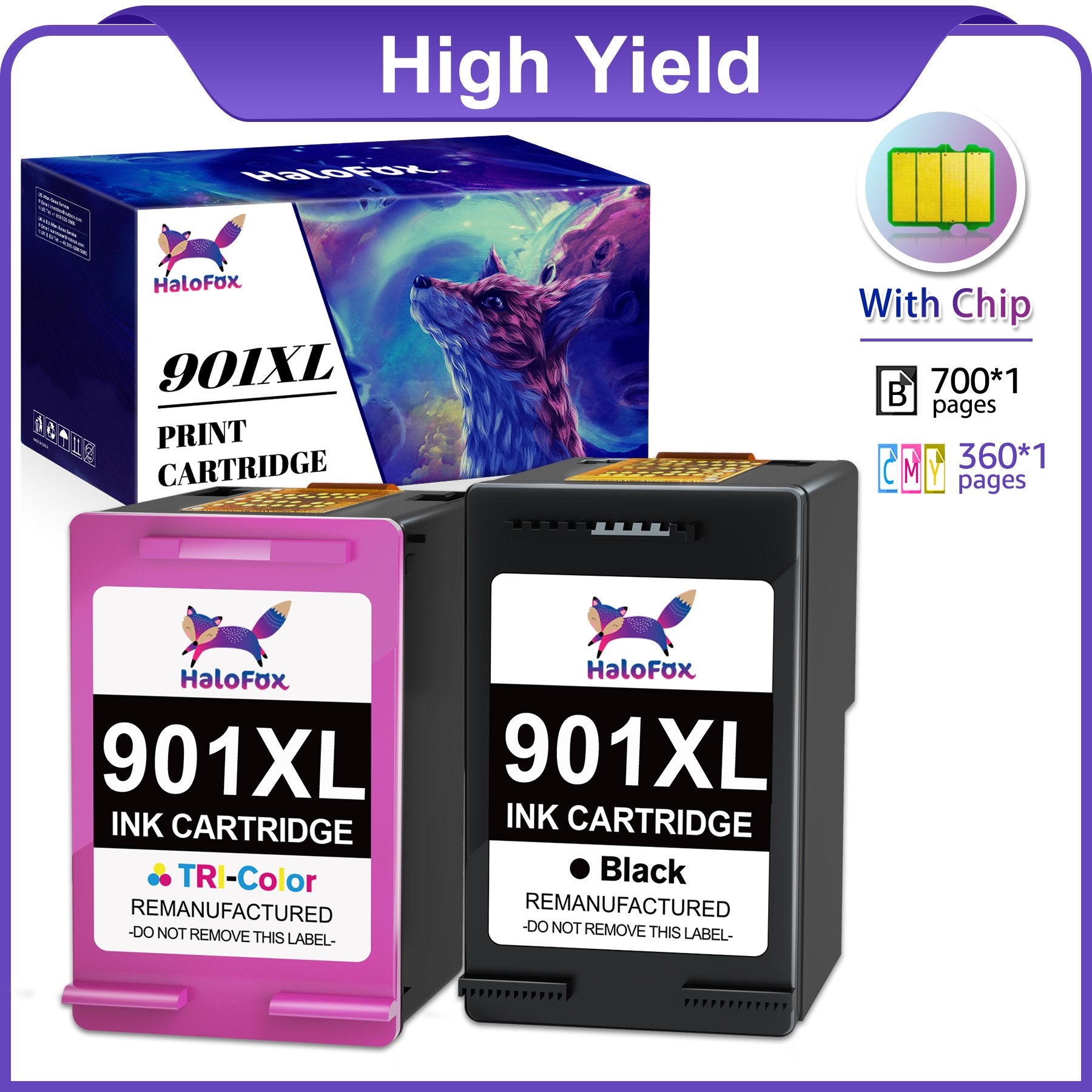 Halofox 901XL Ink Cartridges (1 Black & 1 Color, 2-Pack)