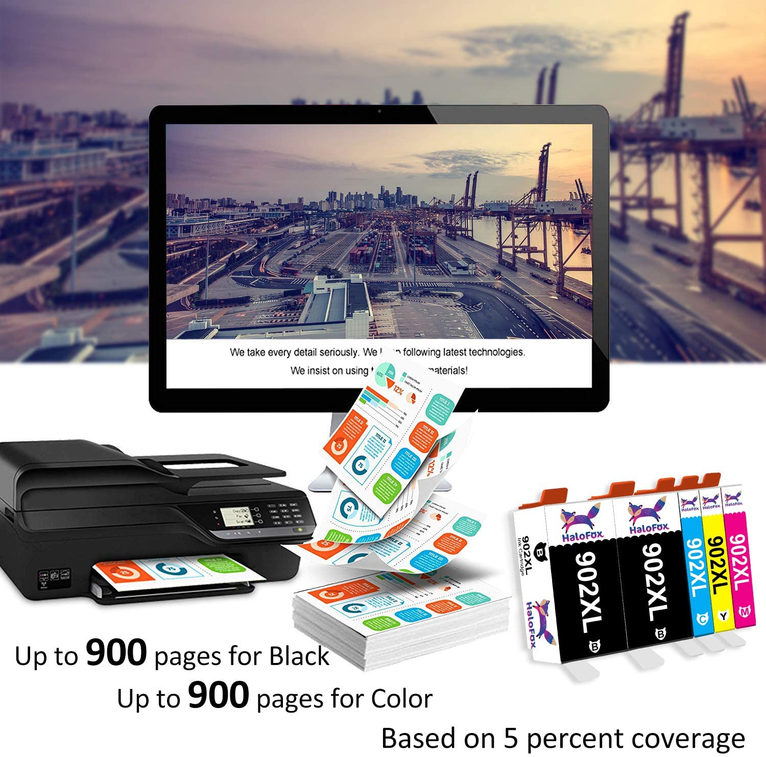 Halofox 902 XL Ink Cartridges Replacement for HP Ink 902XL (5 Pack)
