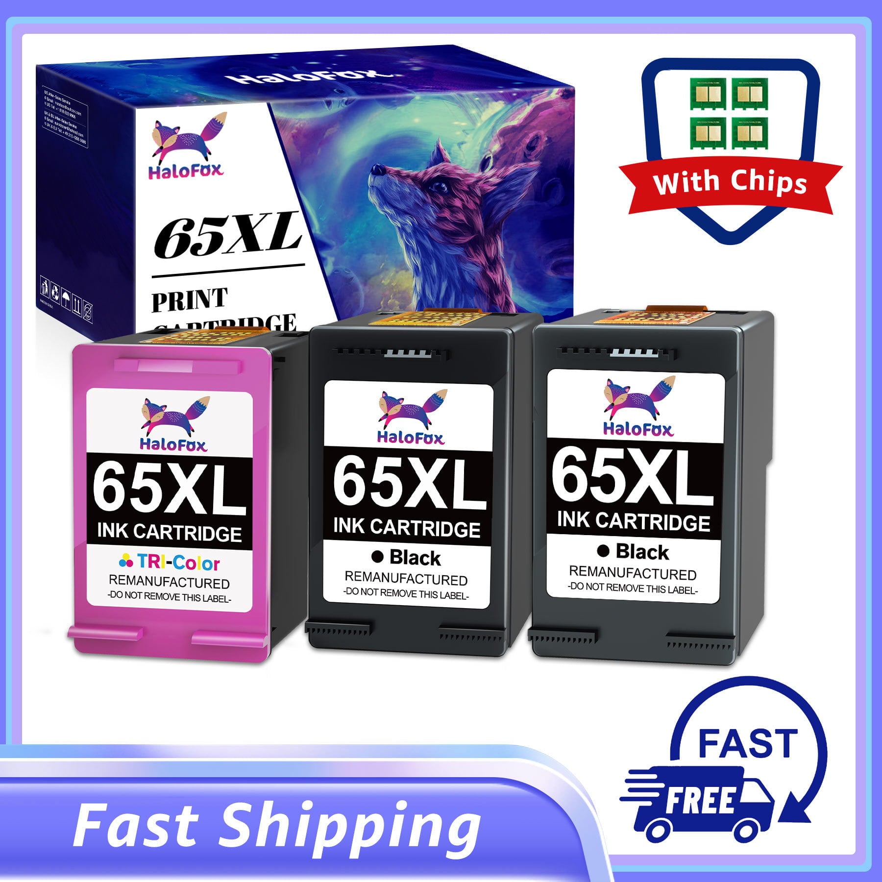 HaloFox Printer Ink 65XL Replacement for HP 65 Ink Cartridges (3 Pack)