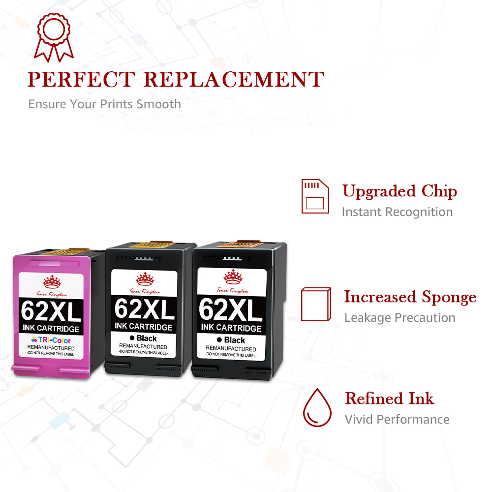 Compatible HP 62 62XL ink Cartridge (2 Black 1 Color) -3 Pack