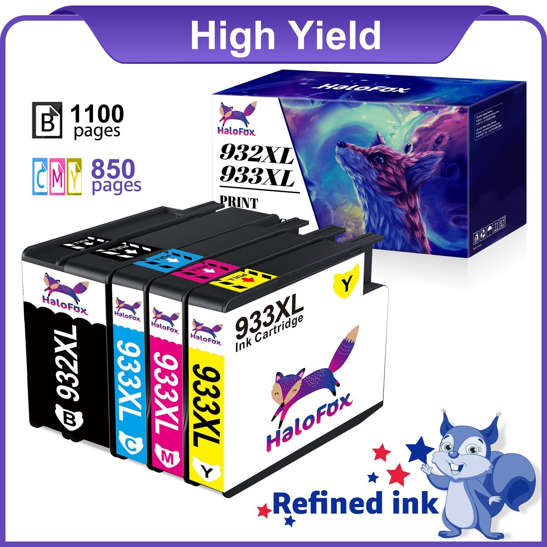 Halofox 932XL Black Ink and 933XL Color Multipack (4 Pack)